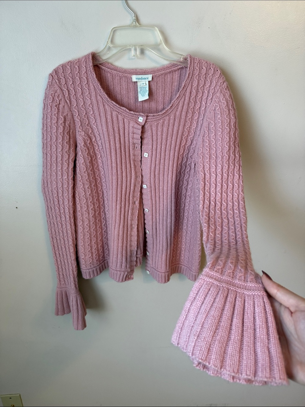 Sundance Pink Lambswool and Cashmere Blend Scalloped Cardigan Coquette Feminine